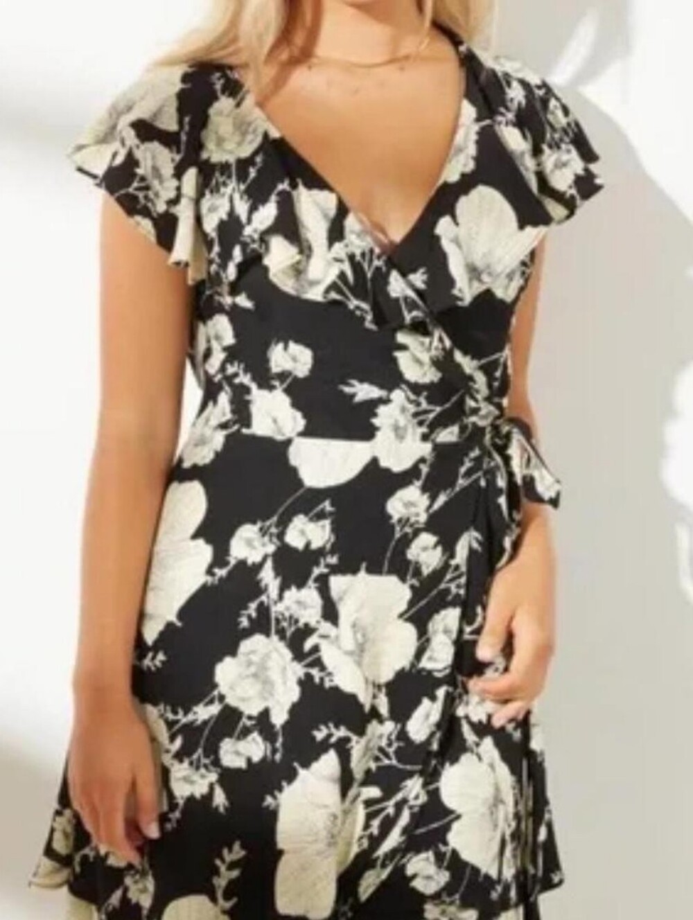 Free People - French Quarter Floral Ruffled Wrap Dress Large Black Onyx White
